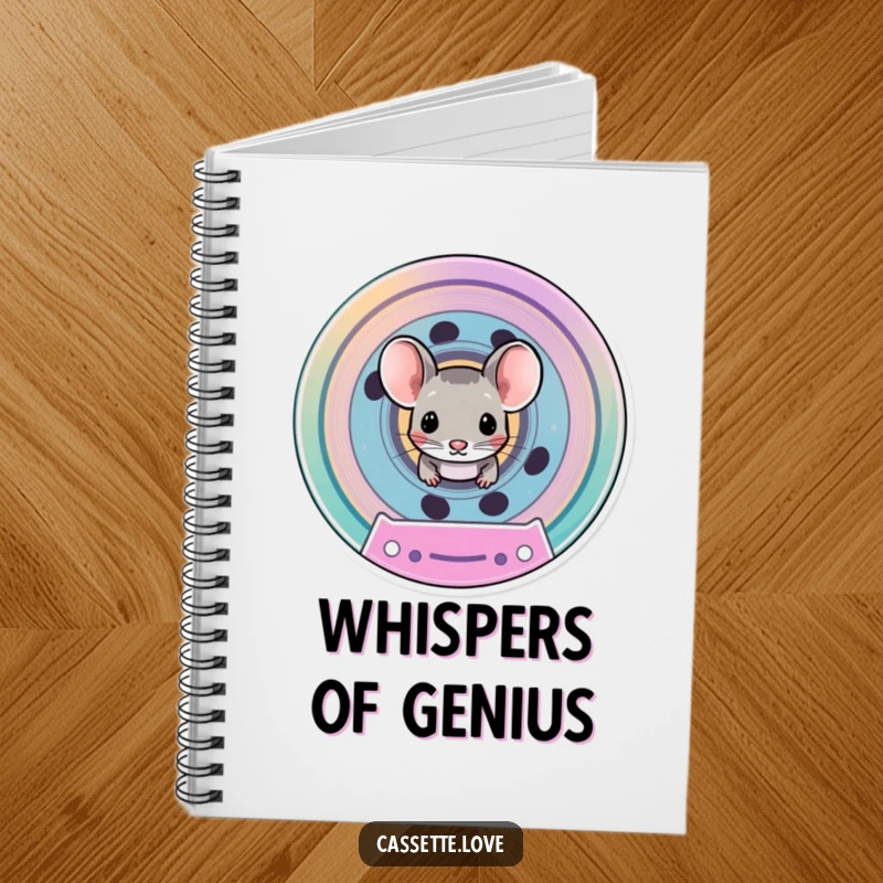 Funny notebook with a tiny mouse peeking out from the spool of a colorful cassette tape, perfect for journaling.