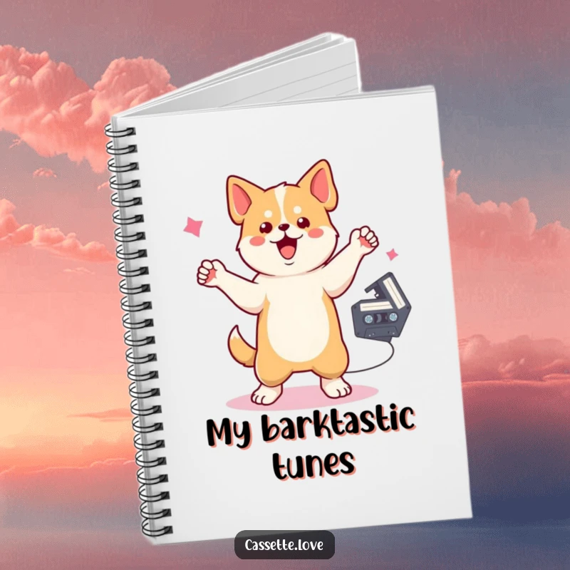 Funny Notebook with a dancing dog, one paw raised, near a spinning cassette tape, perfect for capturing retro music ideas.