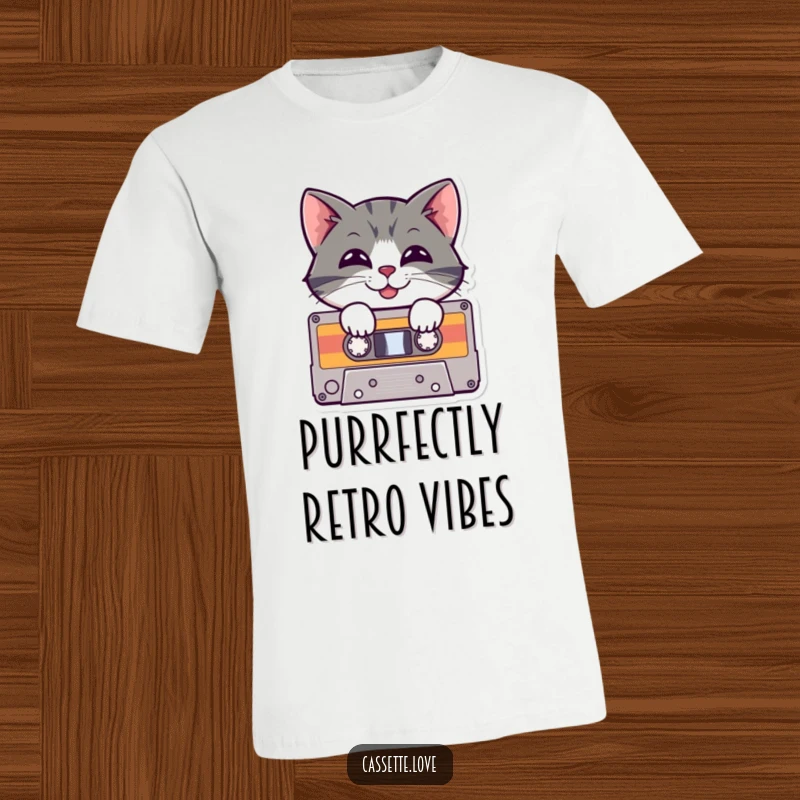 Funny T-Shirt with a cheerful cat peeking from a cassette tape, sporting a playful grin, celebrating retro music and feline antics.