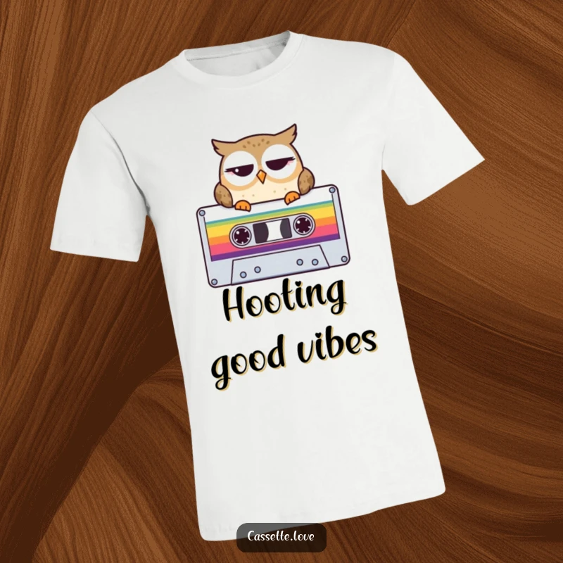 Funny T-Shirt with a winking owl perched on a large, colorful cassette tape, symbolizing smarts and retro music appreciation.