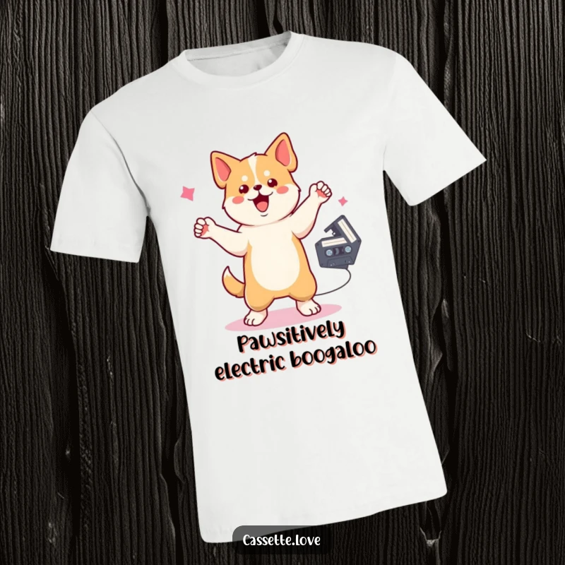 Funny T-Shirt of a dog dancing with one paw raised, a cassette tape spinning nearby, embodying retro music and canine joy.