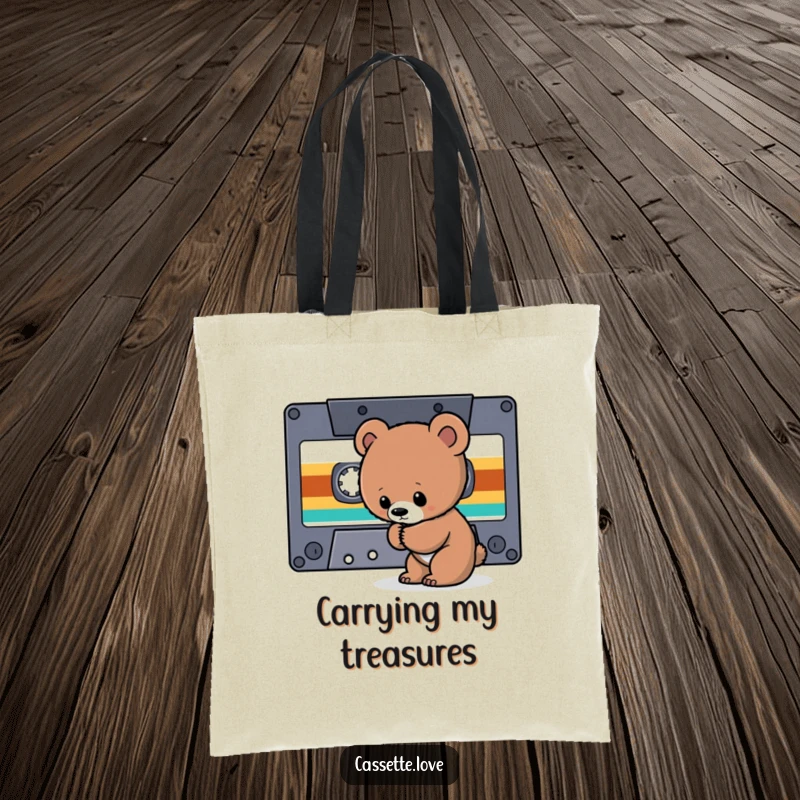 Funny Tote Bag with a curious bear cub sniffing a giant cassette tape ribbon, perfect for exploring retro music.
