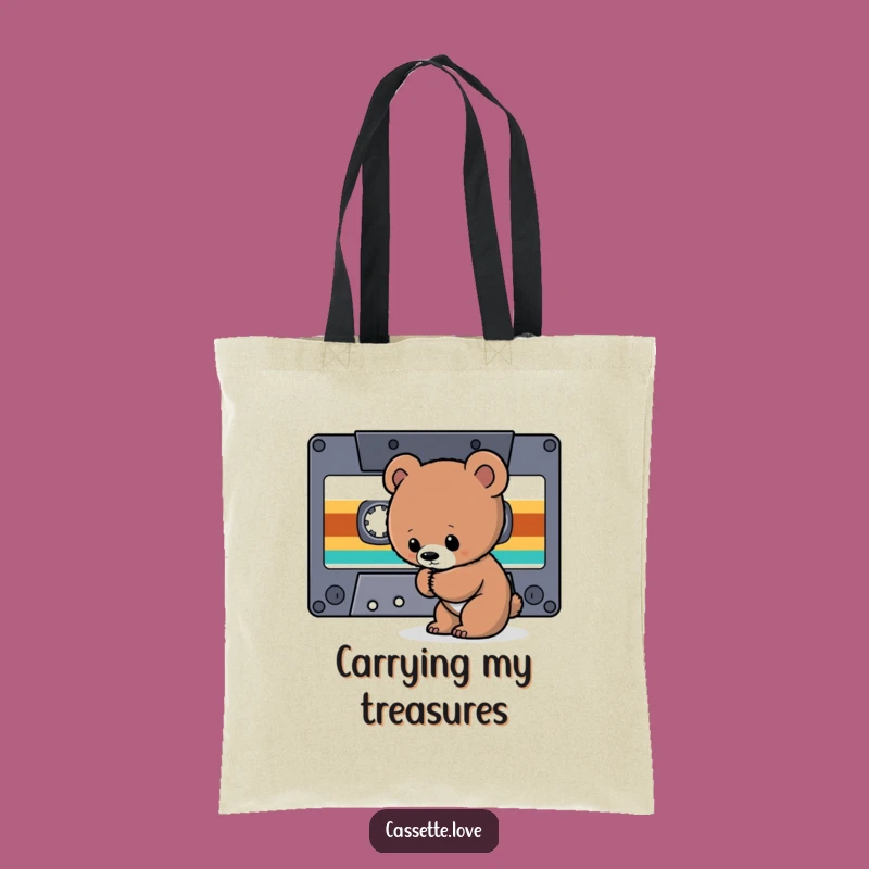Funny Tote Bag: Bear Cub Cassette - Retro Music Explorer Accessory