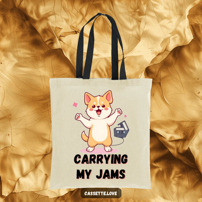 Funny Tote Bag featuring a dancing dog with one raised paw near a spinning cassette tape, perfect for retro music lovers.