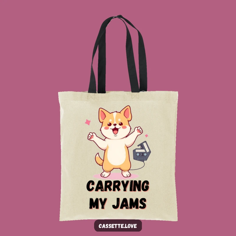 Funny Tote Bag: Dancing Dog Cassette - Retro Music Accessory