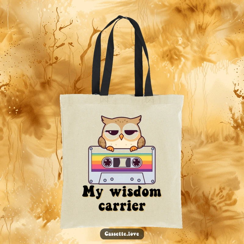 Funny Tote Bag with a winking owl perched on a large, colorful cassette tape, perfect for carrying retro music essentials.